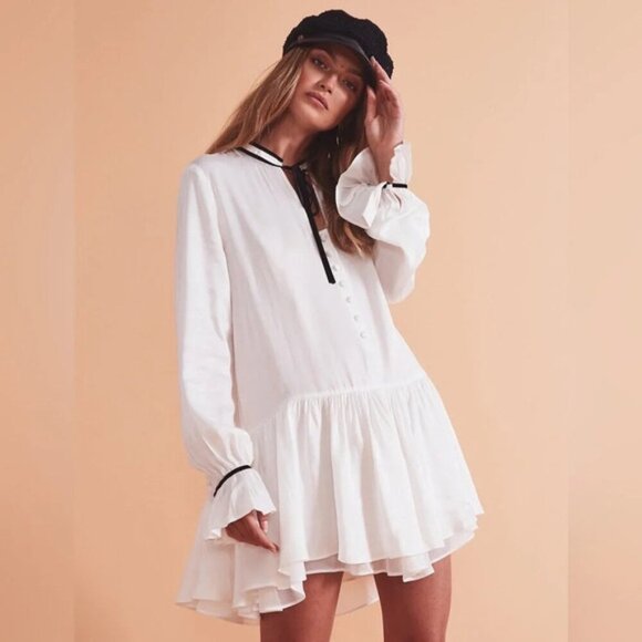 Tularosa Revolve Malia Mini Dress Shift Ivory Neck Tie Ruffle flare Sleeve XS - Picture 7 of 16